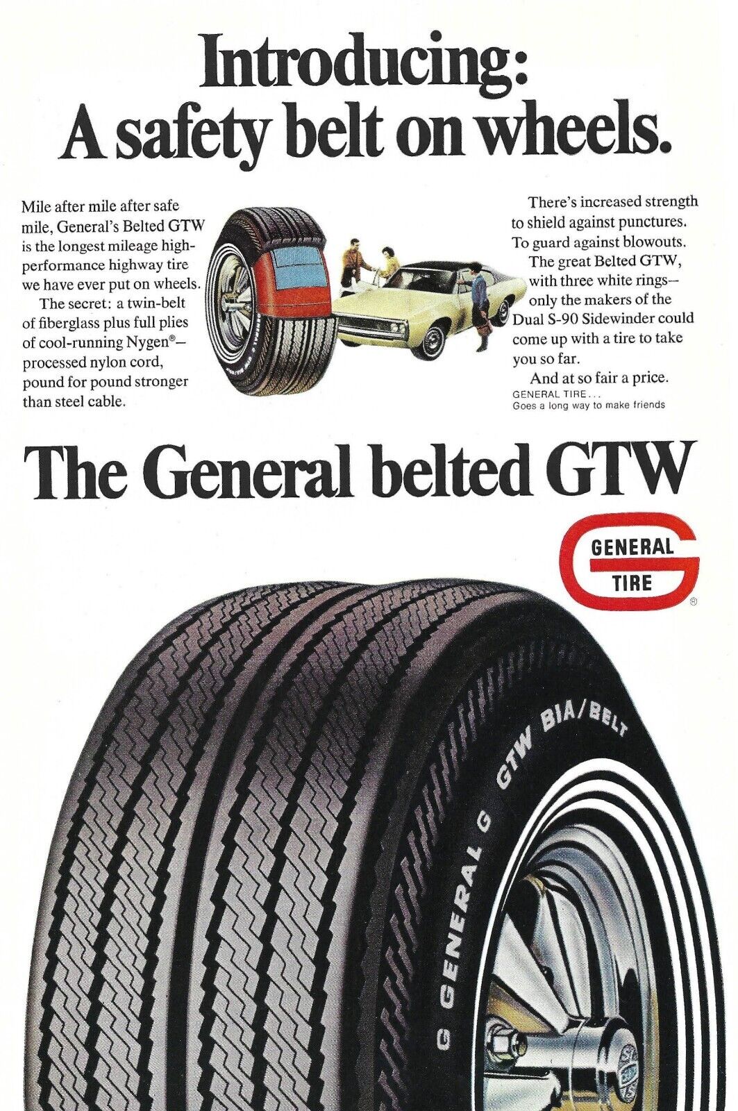 1969 The General Tire & Rubber Co. Vintage Color Print Ad Belted GTW Ephemera