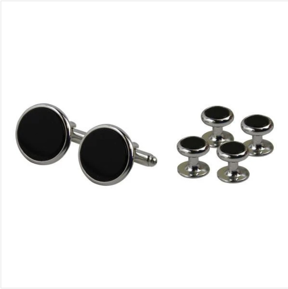 GENUINE U.S. NAVY CUFF LINKS AND SHIRT STUD: BLACK ONYX WITH SILVER BACKING - SE