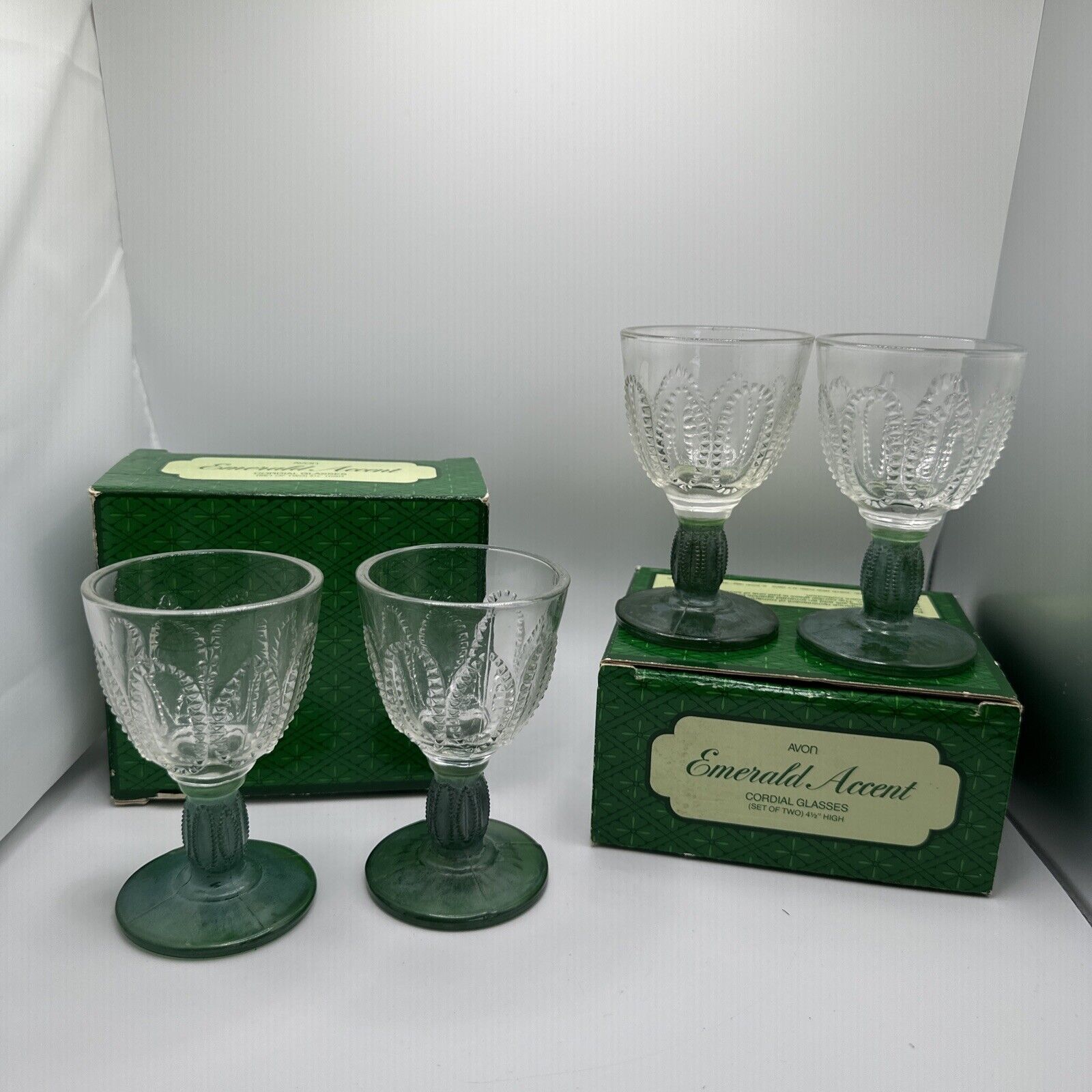 Two VINTAGE AVON 1982 EMERALD ACCENT CORDIAL GLASSES SETS OF 2