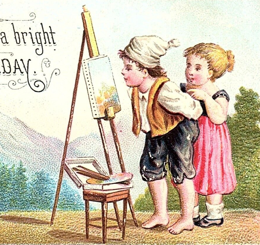 c1880 EMBOSSED BIRTHDAY VICTORIAN BOY AND GIRL PAINTING SMALL TRADE? CARD Z1203