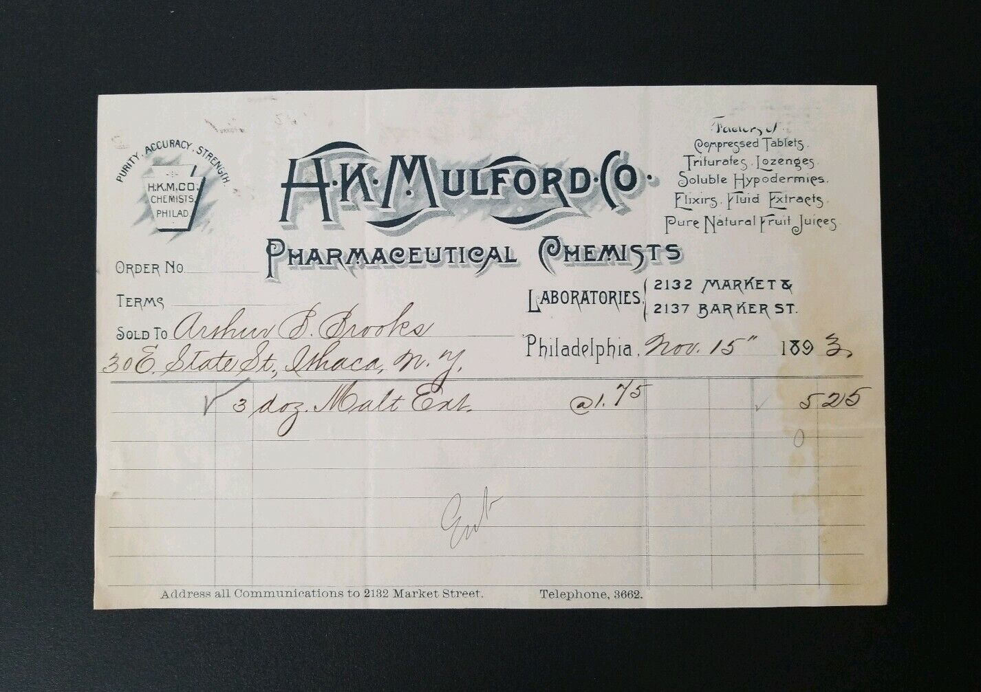 Original 1893 Billhead ~ H.K. Milford Co. - Pharmaceutical Chemists ~ New York 