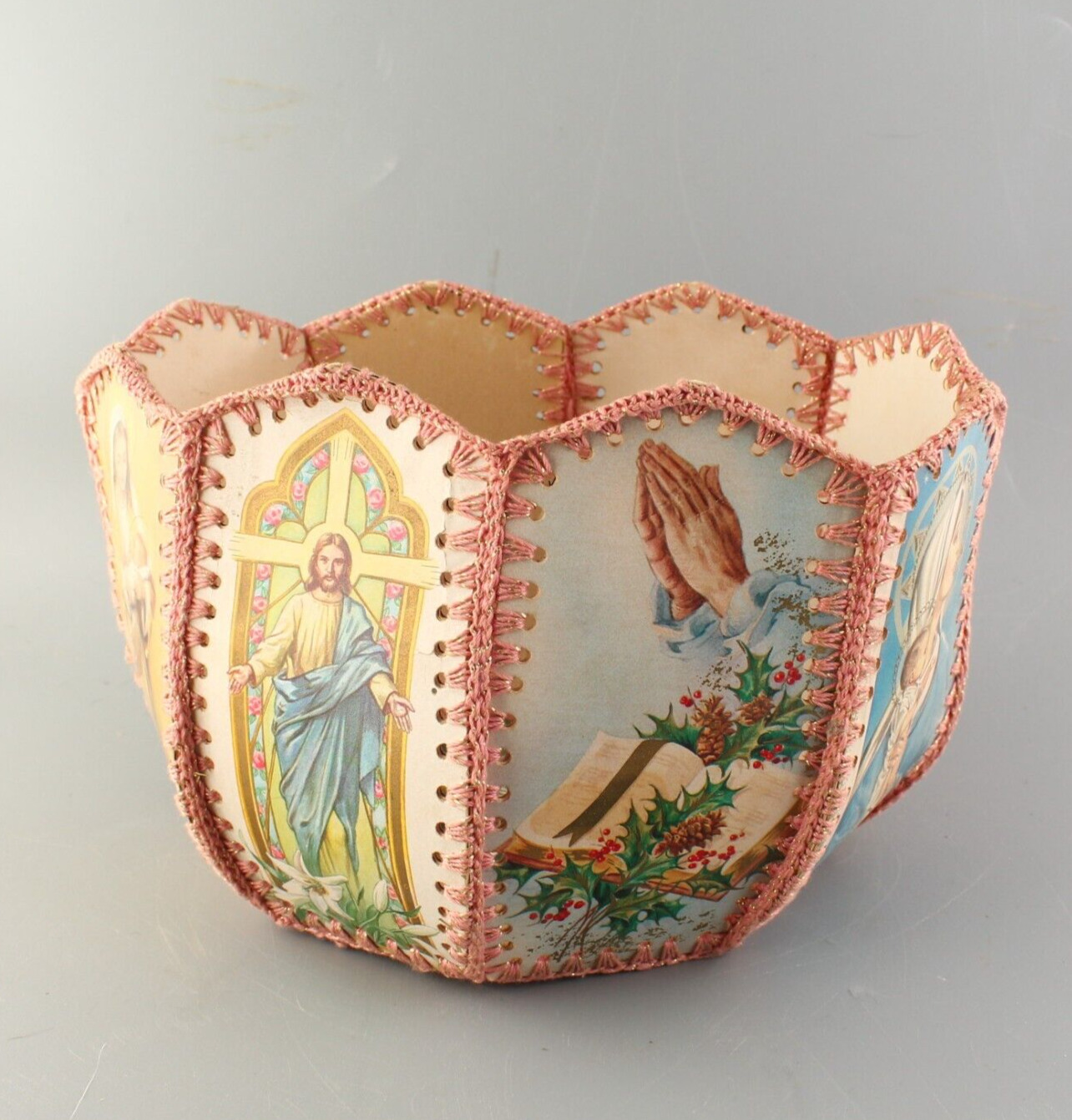 Vintage Handmade Crochet Religious Christmas Greeting Cards Basket Bowl Craft 6