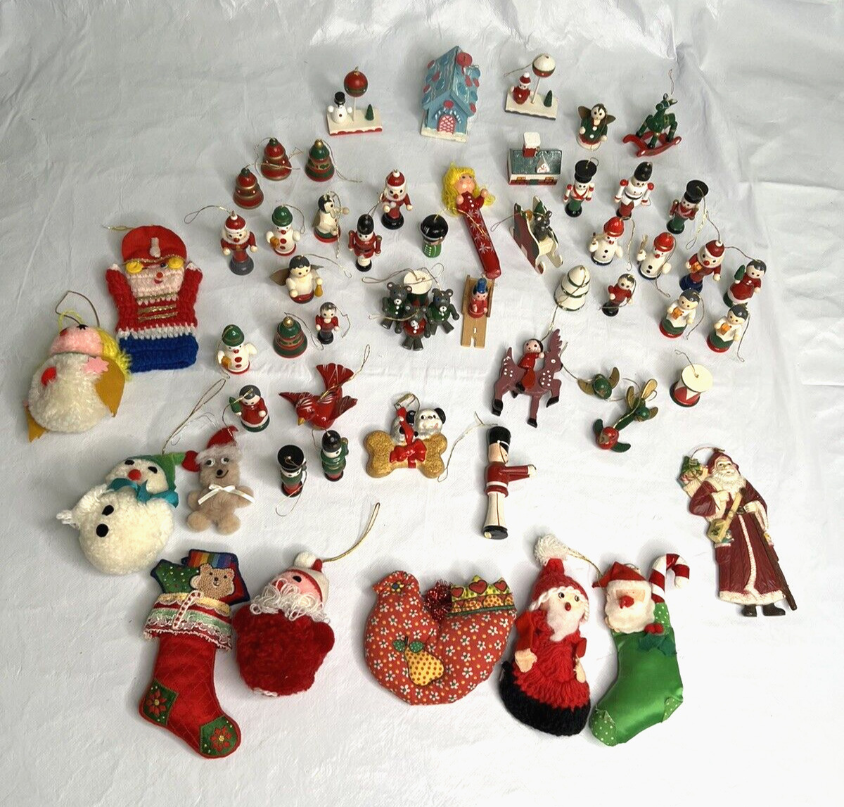 VINTAGE FOLK ART PAINTED WOODEN ORNAMENTS + Fabric Ornaments **LOT OF 58**