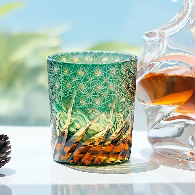 Crystal Whiskey Glasses Tumbler Edo Kiriko Glassware Vodka Wine Amber Green 9oz