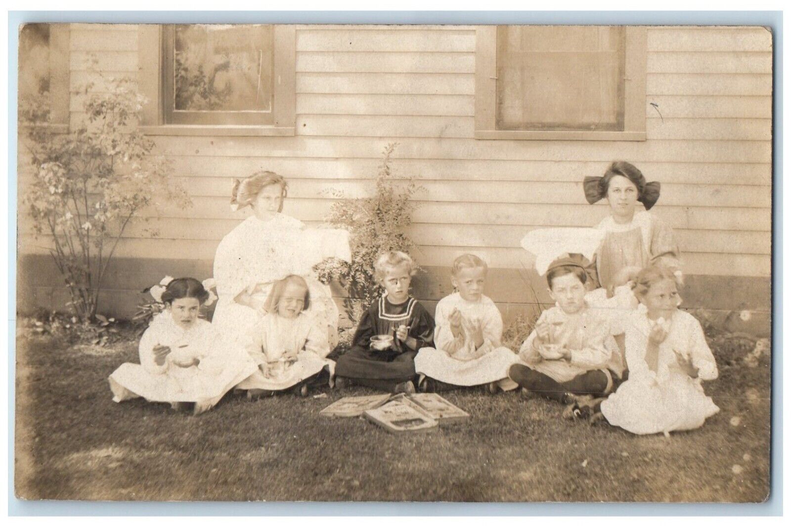 c1910\'s Children Eating At The Backyard RPPC Photo Posted Antique Postcard