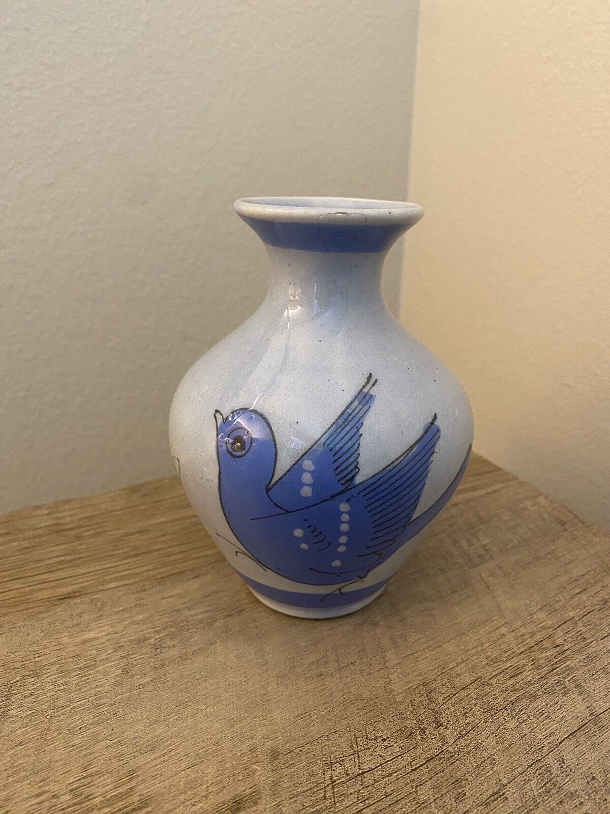 Mexican Folk Art Bird Vase Pottery Hand painted Blue 5” Flowers Stoneware Tonala