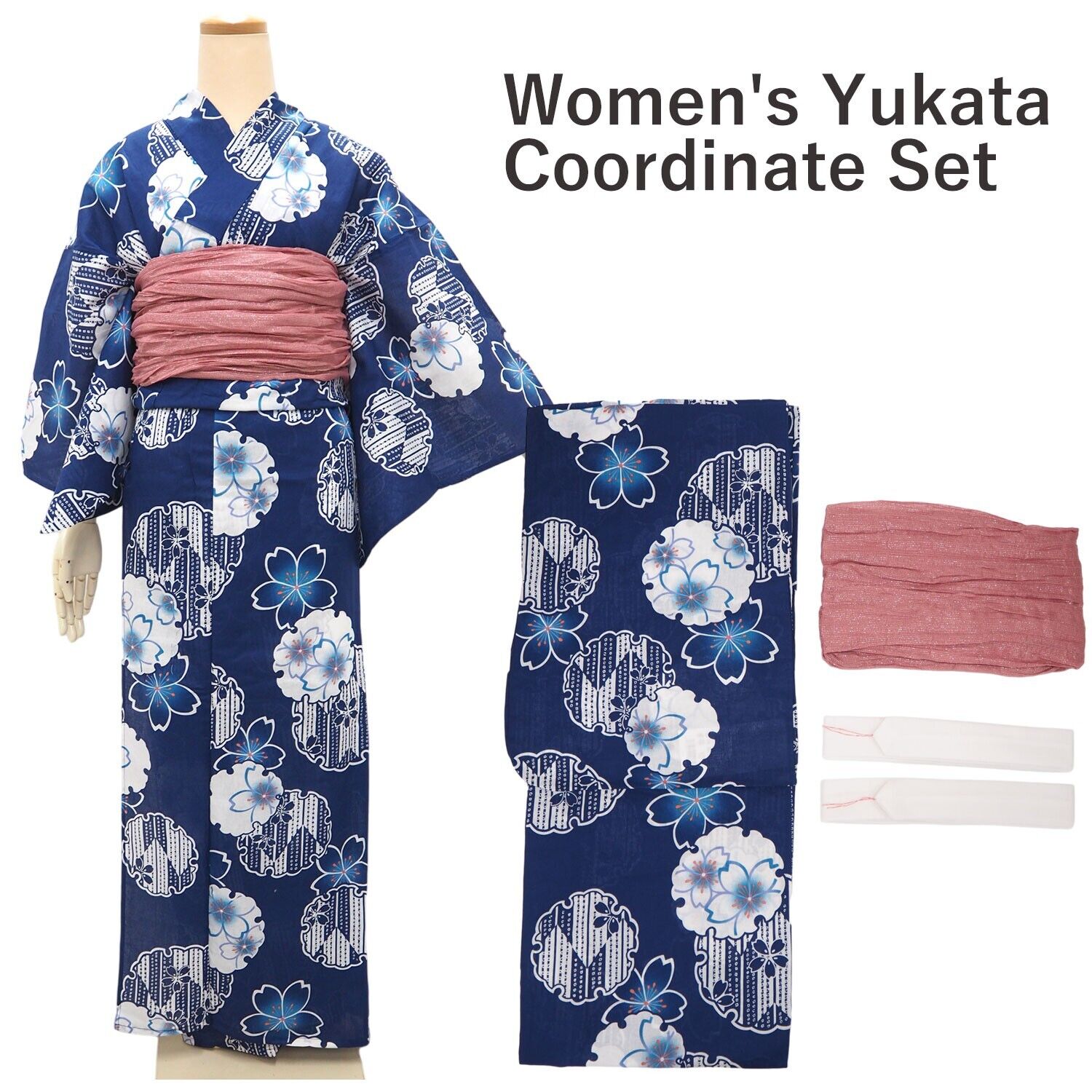 Women\'s Yukata Coordinate Set of 3 For Beginners : Black Yukata & Rose mist Obi