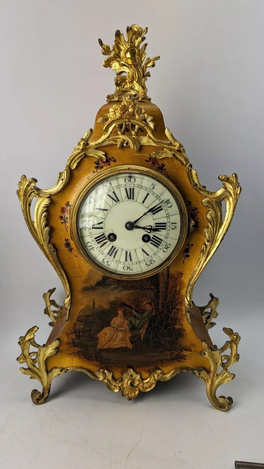 Large Antique French Painted Boulle Style Mantel Clock Vernis Martin