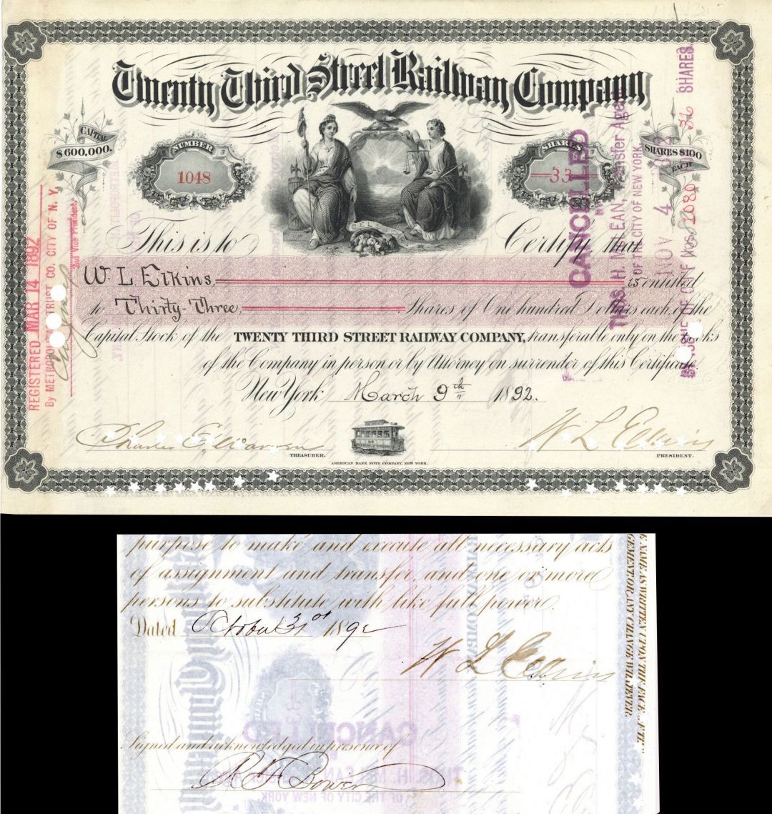 Twenty Third Street Railway Co. Issued to and Signed by W.L. Elkins - Stock Cert