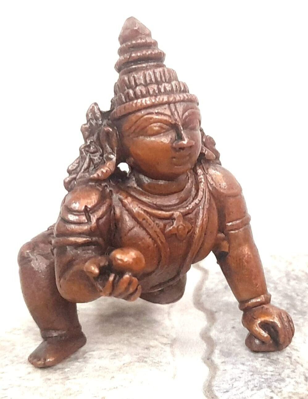 Antique Handmade Copper Bal Gopal Krishna Statue Rich Patina Collectible 2.1''