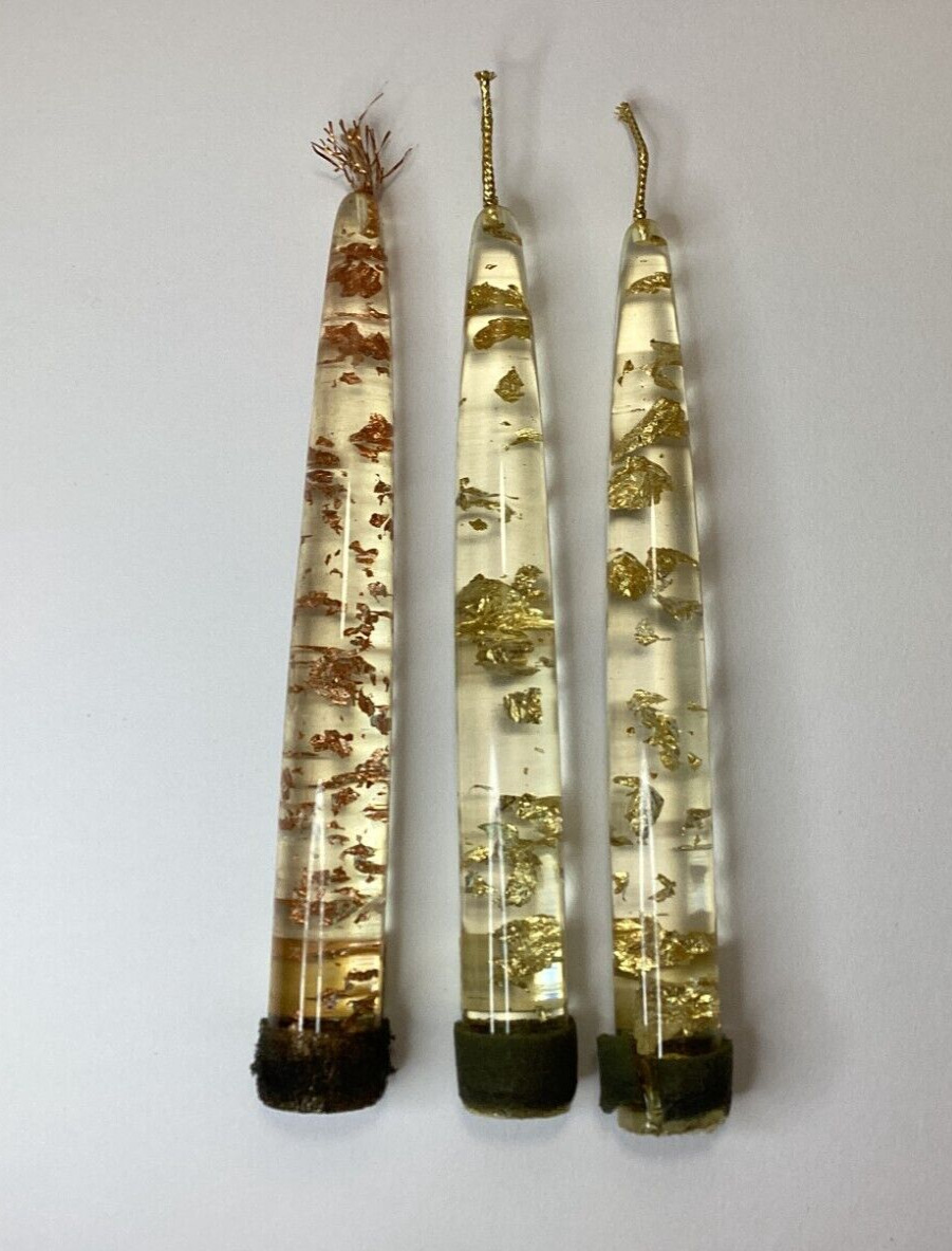 Lucite Clear Gold  & Copper Flakes Acrylic Taper Candles Lot of 3 6\