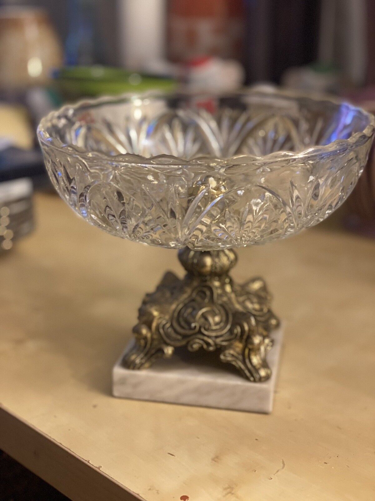 MID CENTURY FILIGREE STARBURST GLASS COMPOTE DISH MARBLE BASE HOLLYWOOD REGENCY