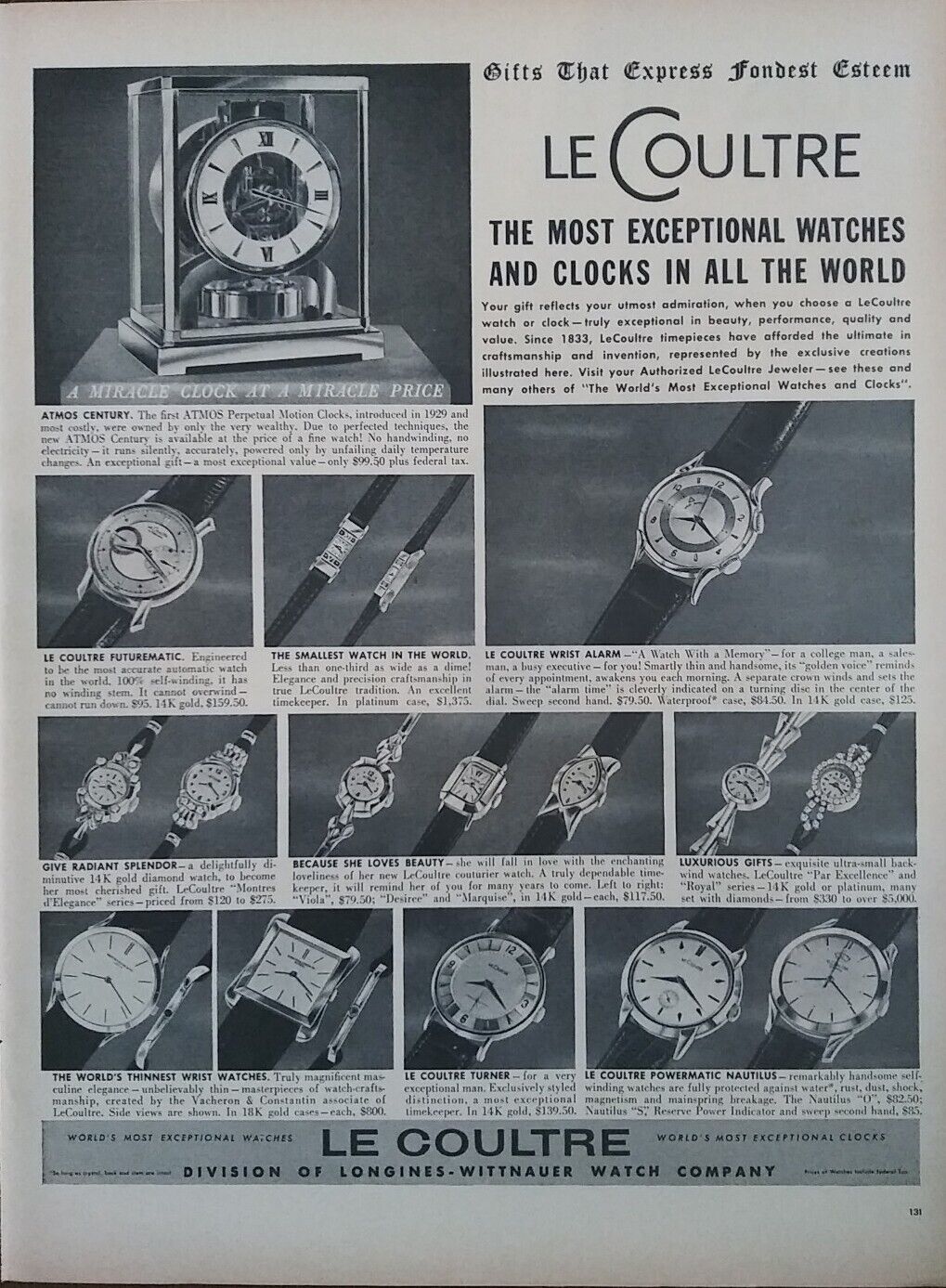 1955 Le Coultre Watches And Clocks Print Ad.  Most Exceptional In All The World