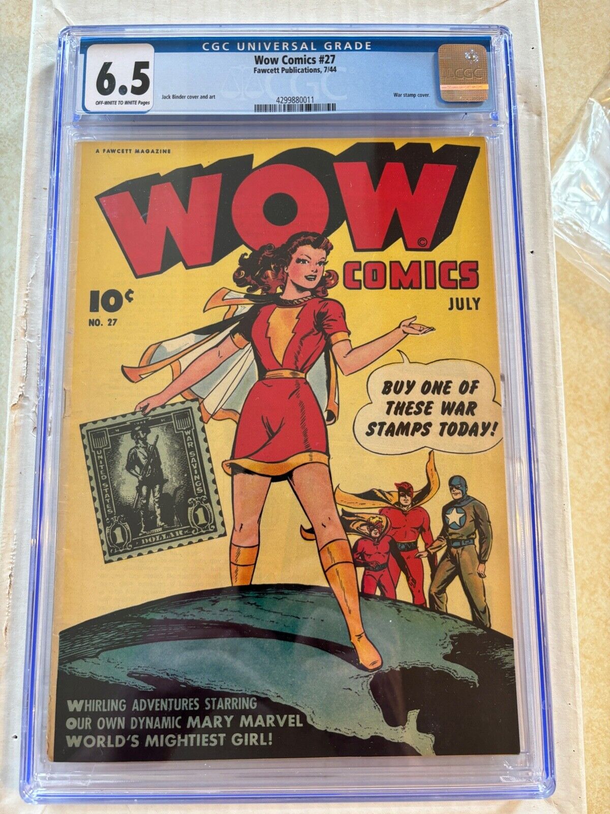 Wow Comics #27 CGC 6.5 OW-WT 1944 Fawcett Mary Marvel War Stamp Cover Mr Scarlet