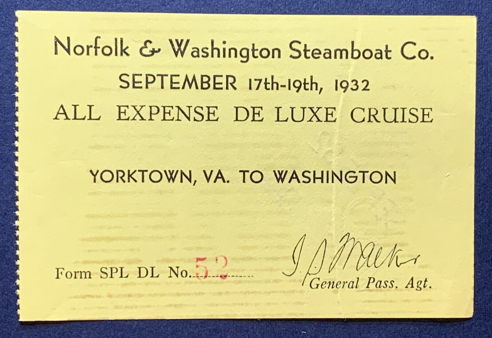 1932 NORFOLK & WASHINGTON STEAMBOAT CO. TICKET YORKTOWN VA TO WASHINGTON
