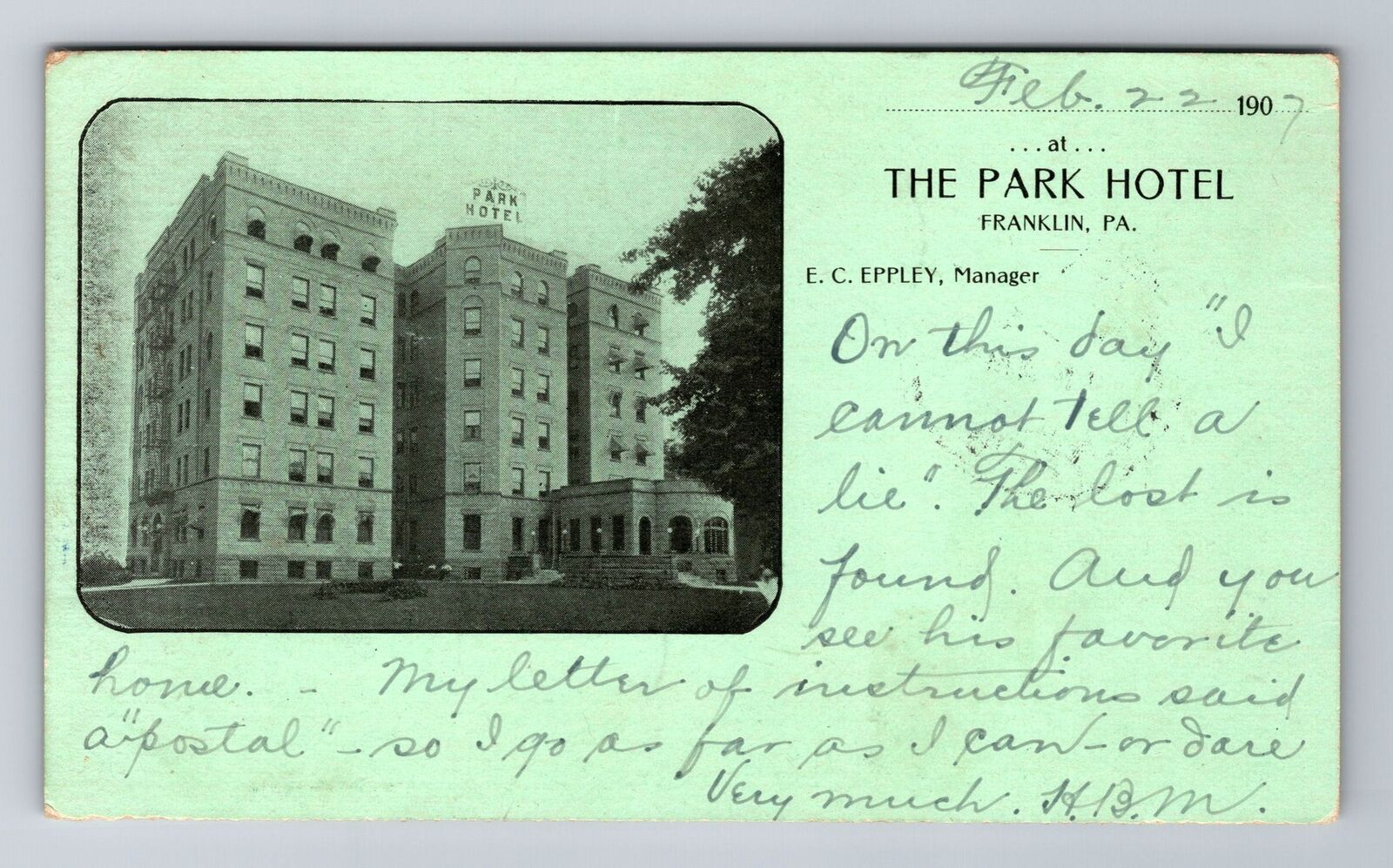 Franklin PA-Pennsylvania, Park Hotel, Advertising, Vintage c1907 Postcard