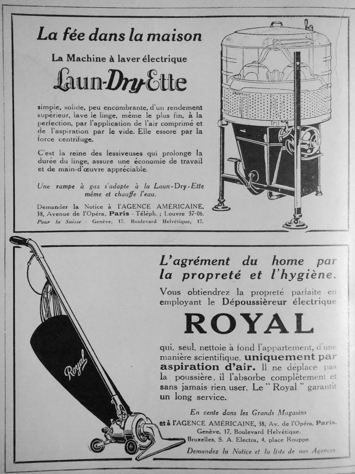 LAUN-DRY-ETTE ELECTRIC WASHING MACHINE ADVERTISING AND ROYAL AMERICAN VACUUM CLEANER