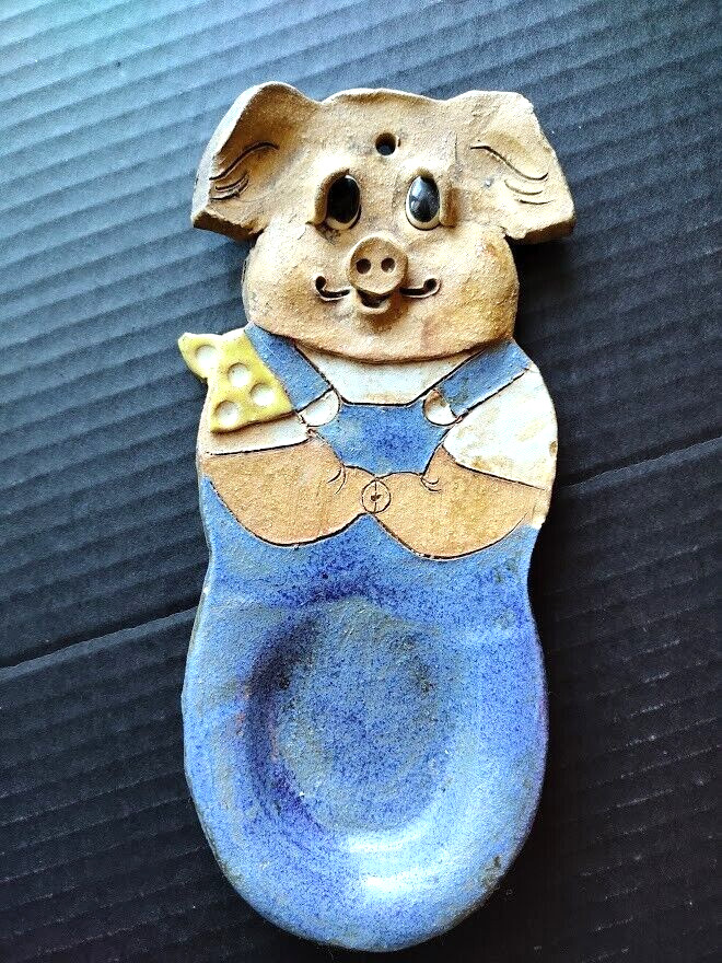 Vintage Handmade Ceramic Clay Pig Spoon Rest Country Kitchen Primitive