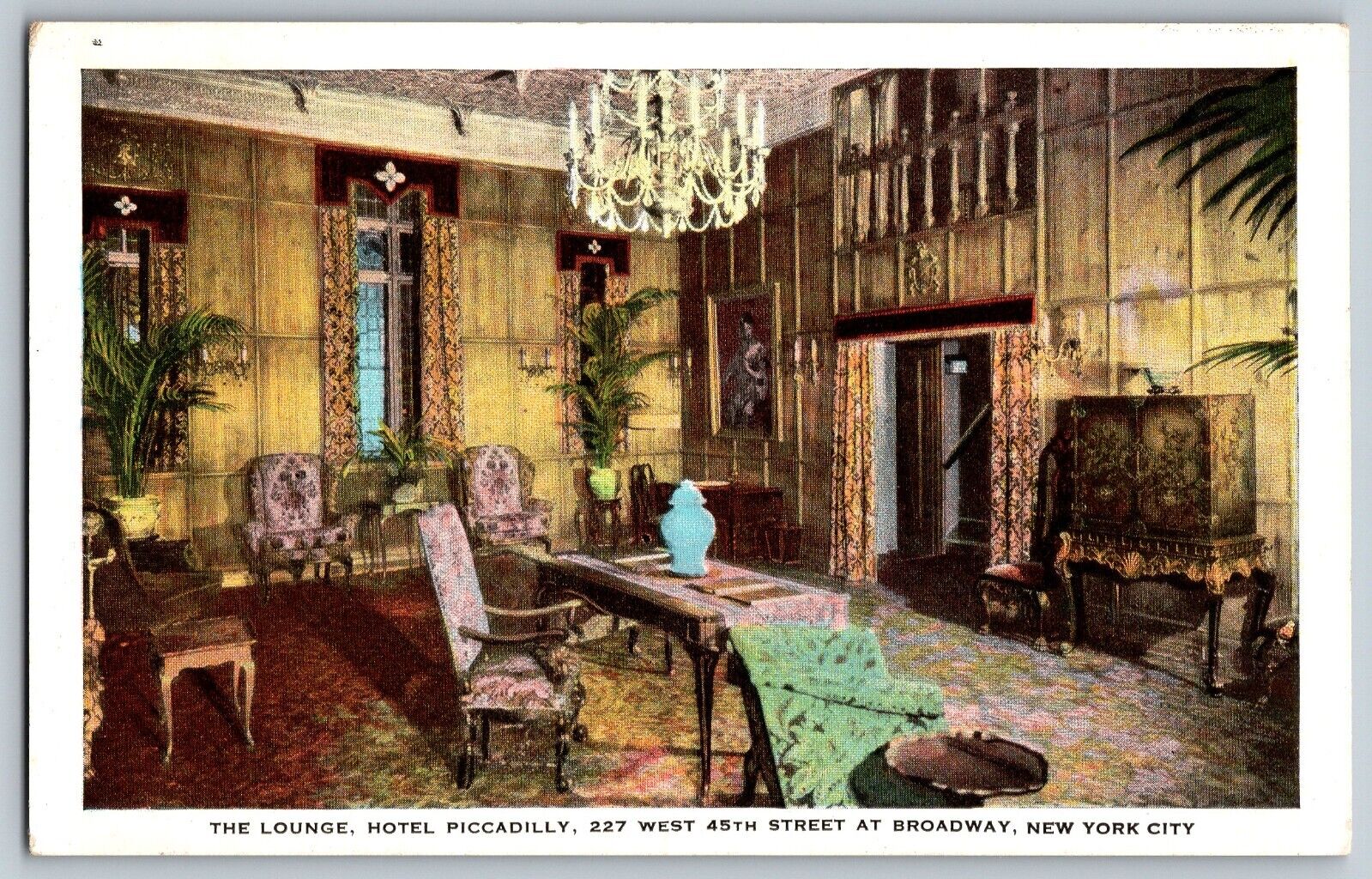 New York City NY - Hotel Piccadilly - Lounge Area - Vintage Postcard - Unposted
