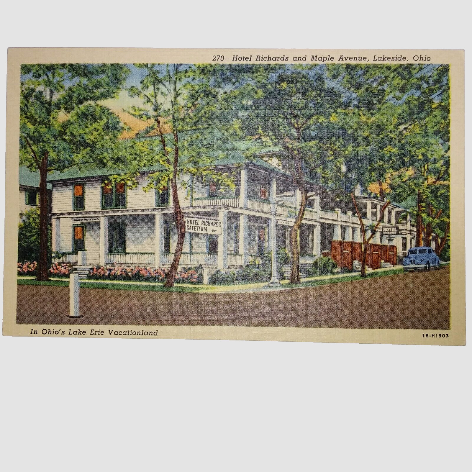 Hotel Richards Maple Ave Lakeside OH Antique Car Postcard Vacationland Linen