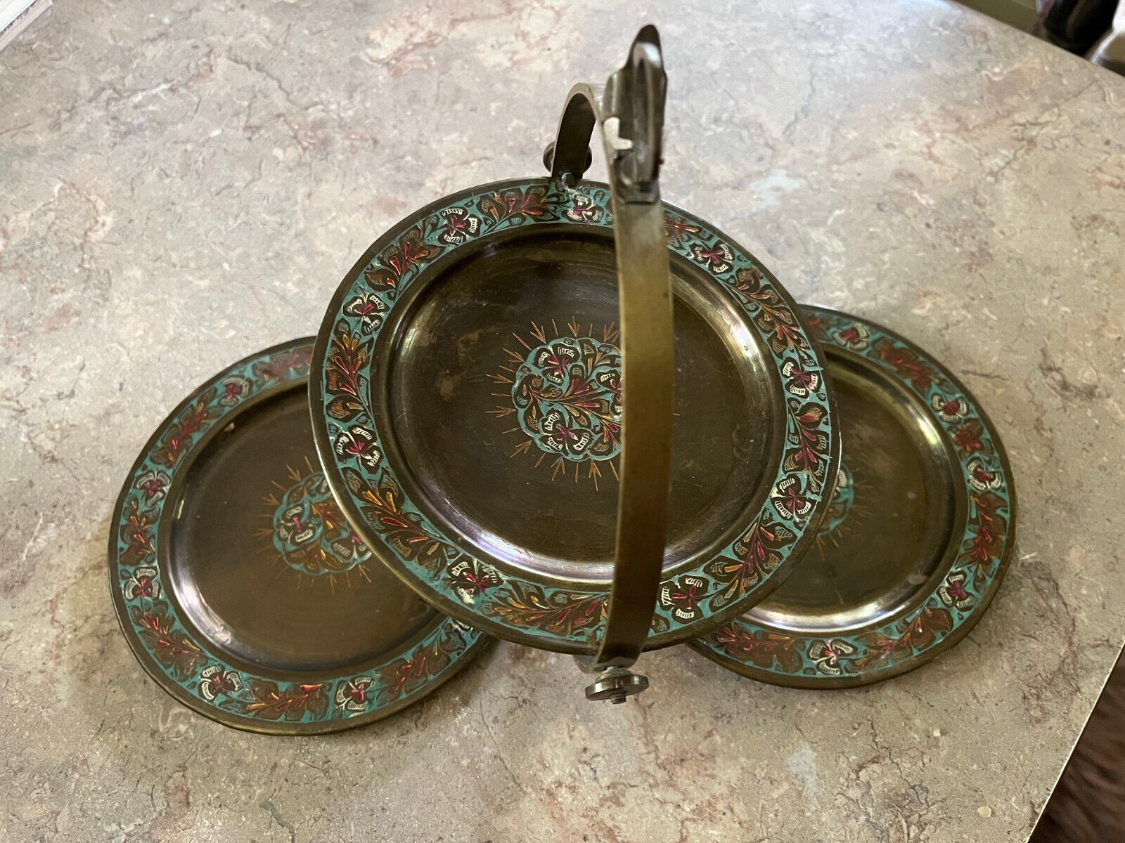 Vintage INDIA 3 tier collapsible serving tray - Enamel, Brass 1940's