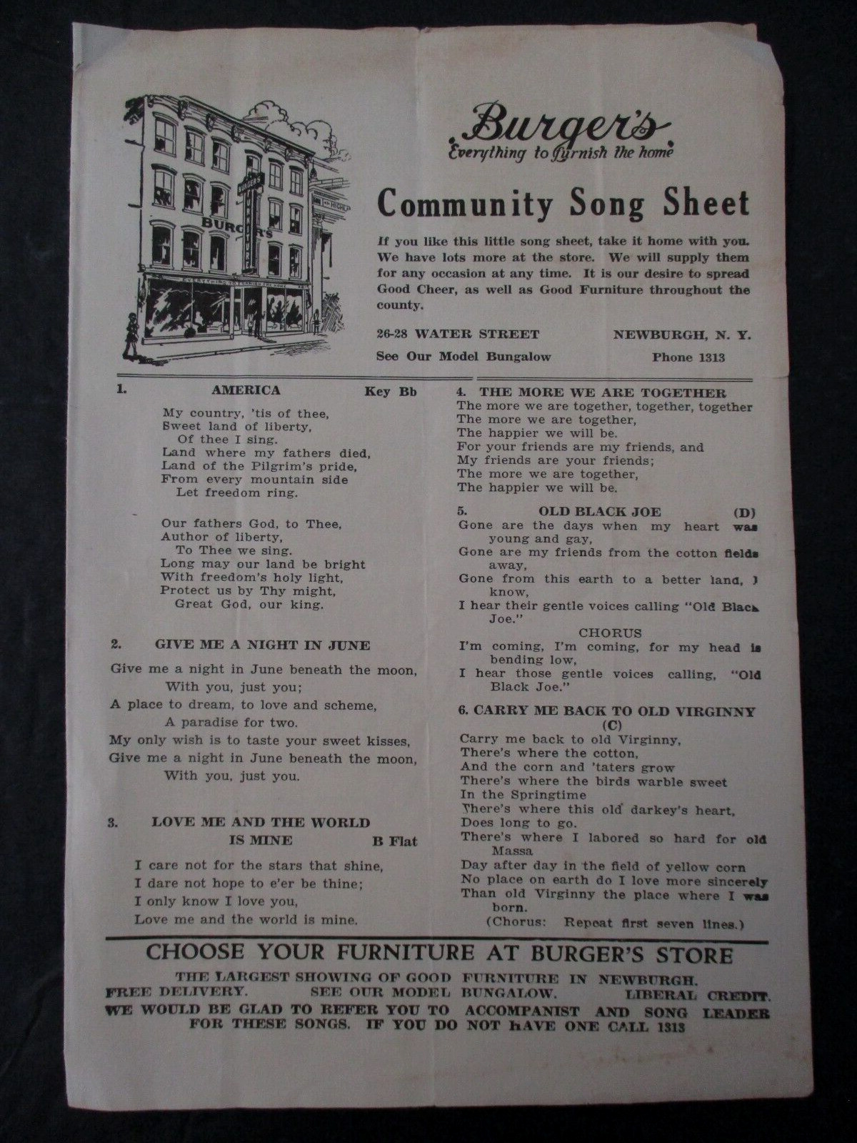 Vintage BURGER\'S FURNITURE STORE Newburgh NY Community Song Sheet