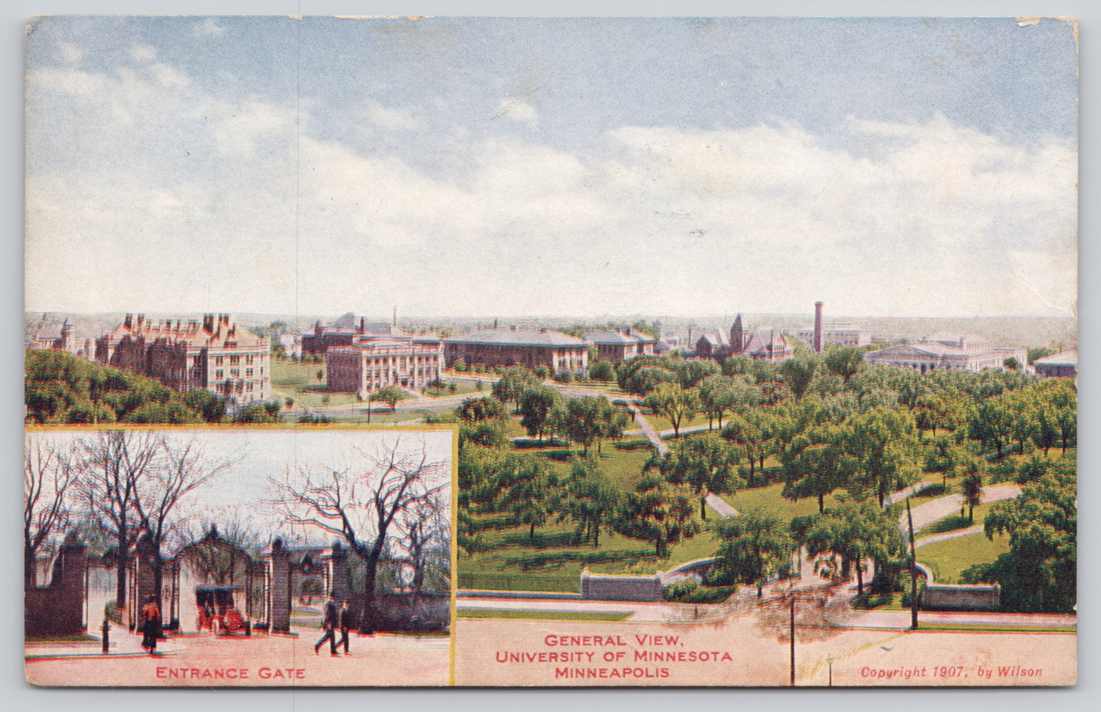 Postcard University of Minnesota Minneapolis General View and Entrance Gate A678