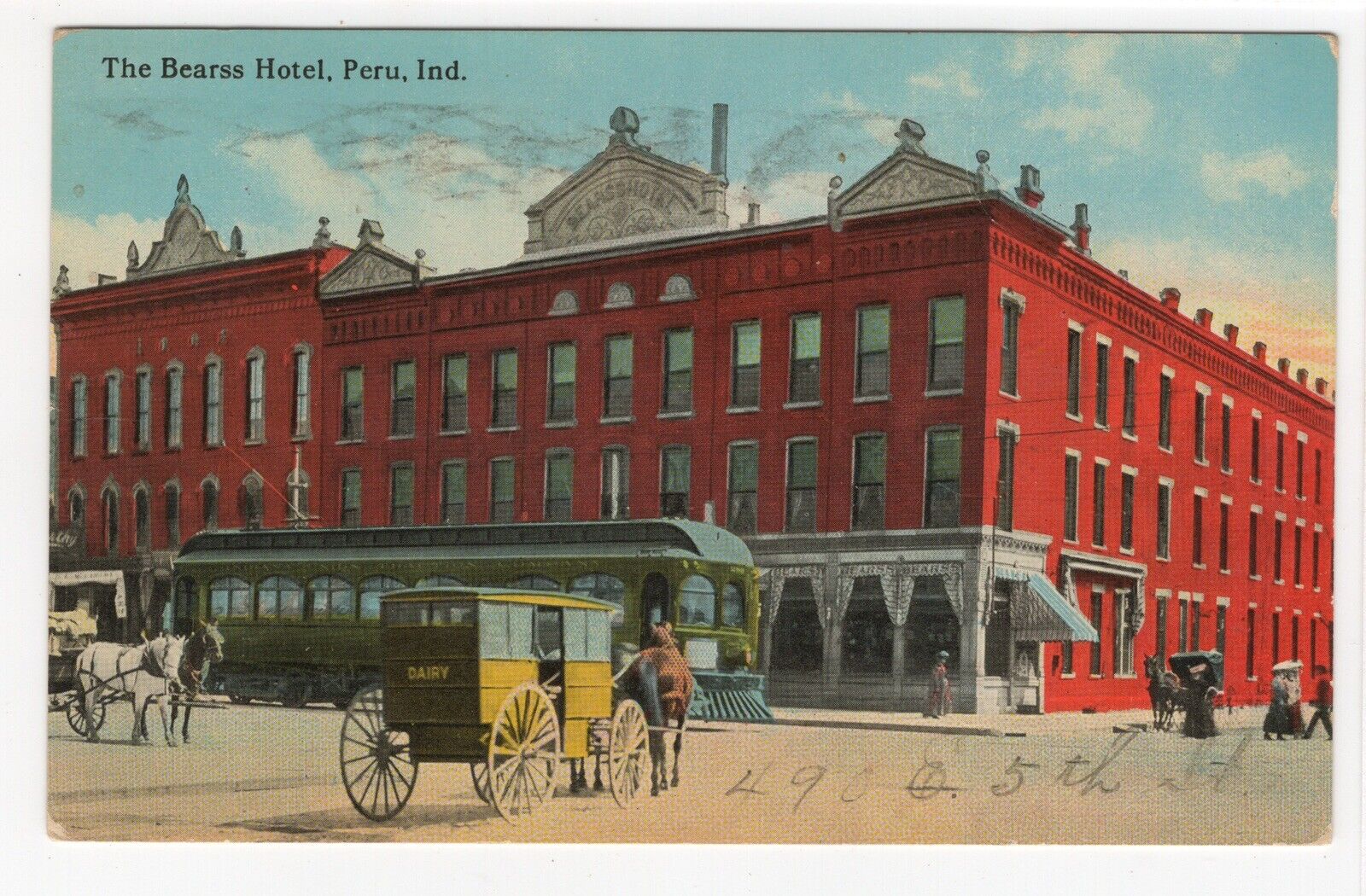 Peru Indiana IN Bearss Hotel Vintage Postcard Dairy Delivery Wagon Horse Trolley