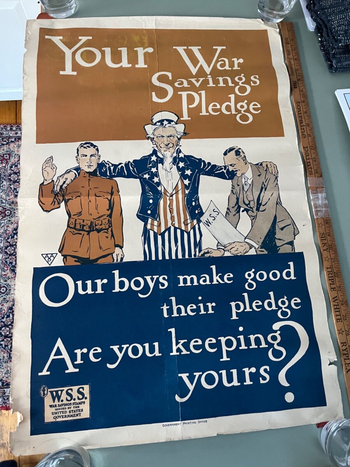 Rare c.1918 WWI poster Uncle Sam US Soldier War Savings Stamps