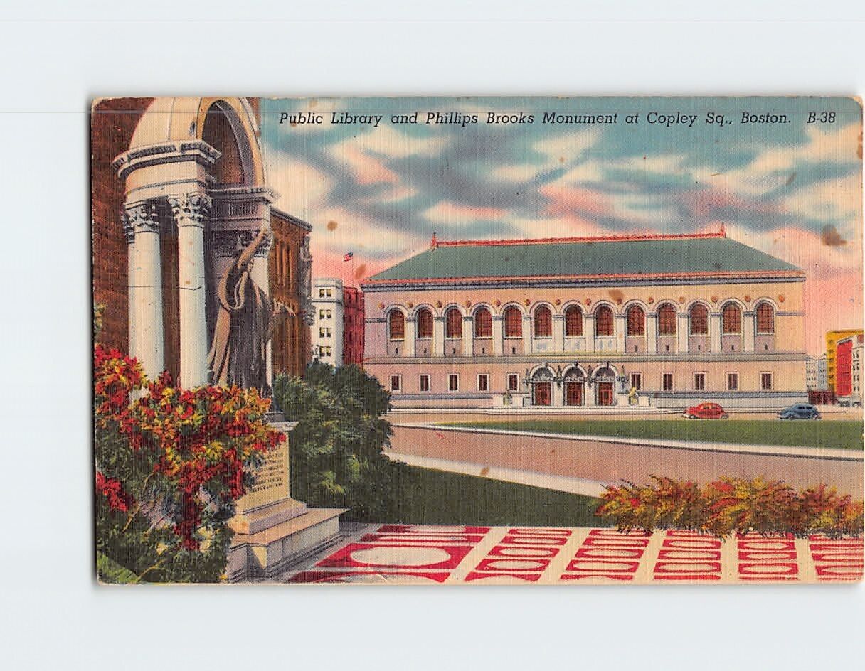 Postcard Public Library & Phillips Brooks Monument Boston Massachusetts USA