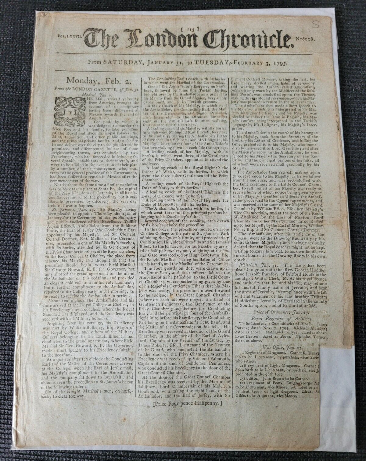 THE LONDON CHRONICLE USA AMERICA MEXICO CONSPIRACY 3 FEB 1795 ORIGINAL NEWSPAPER