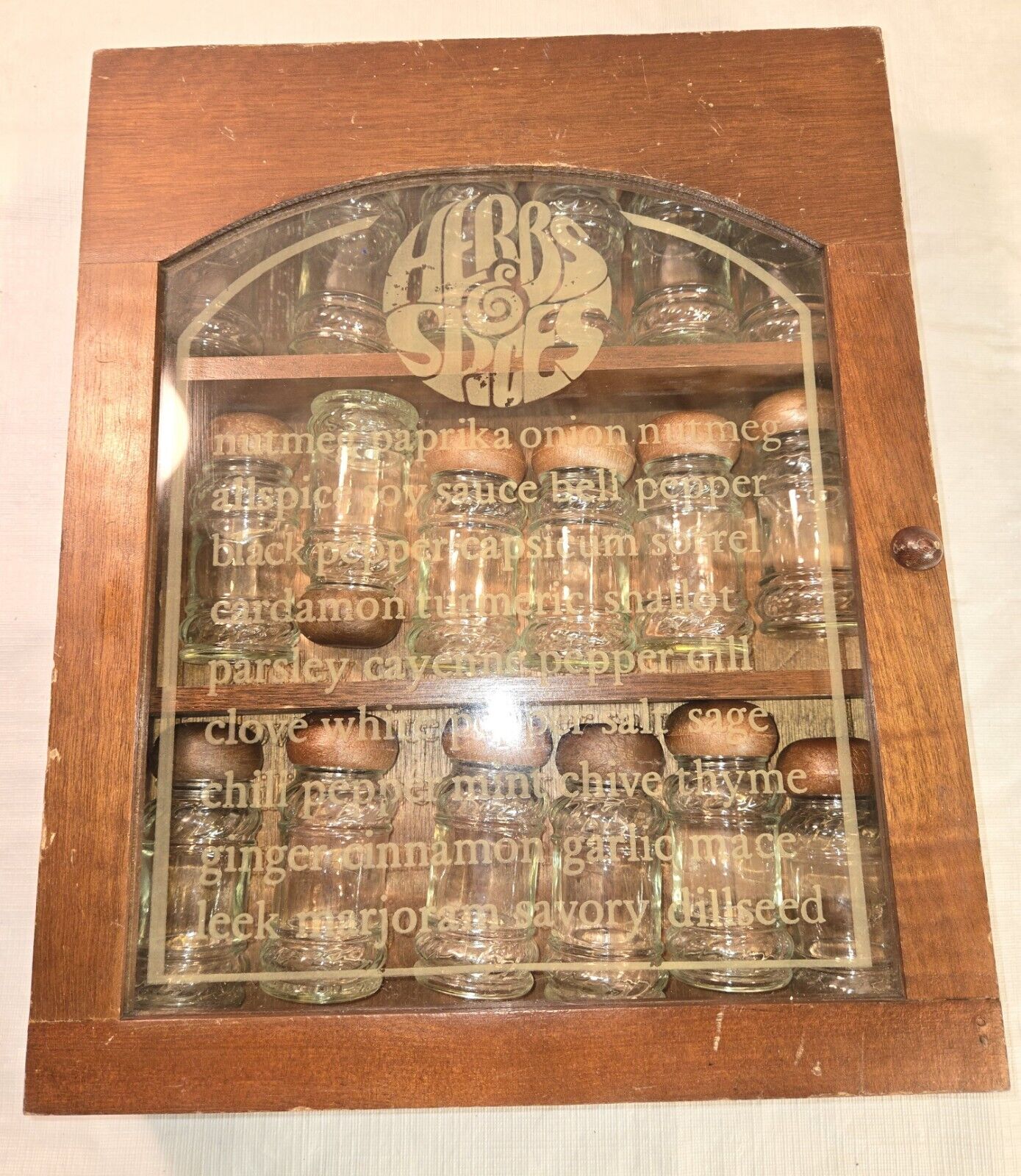 Vintage Spice Cabinet w/ 18 Labeled Jars, Wooden & Glass Door Gailstyn Sutton