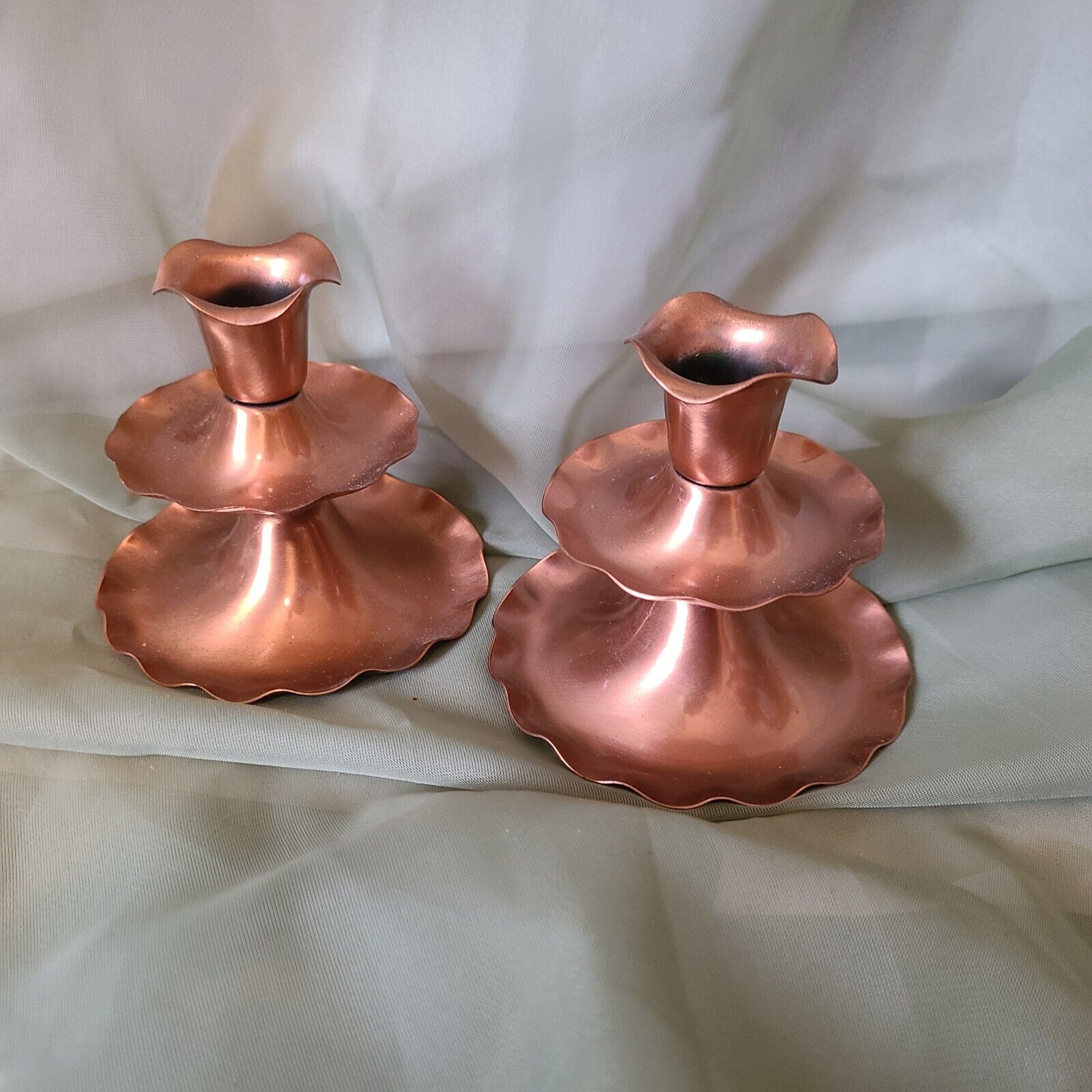 Vintage Gregorian Copper Pair of Tiered Scalloped Candlesticks