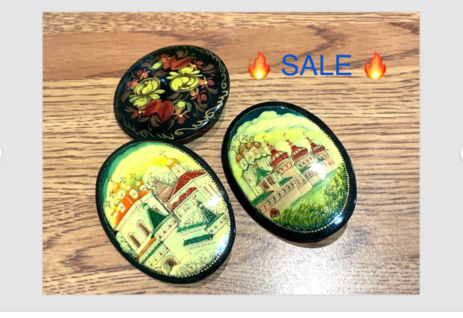 💚Lot of 3 Authentic Fedoskino Russia Lacquer Hand Painted Brooches Rostov Boris