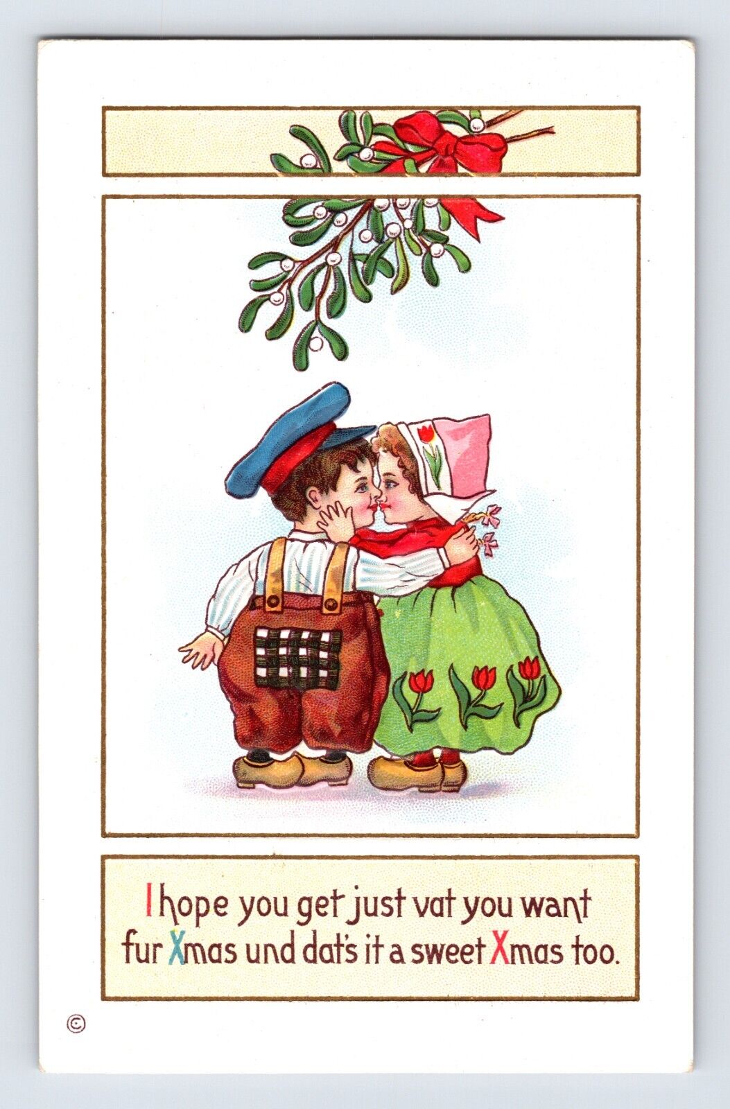 Postcard Christmas Dutch Children Mistletoe Kiss Stecher 1910s Unposted Divided