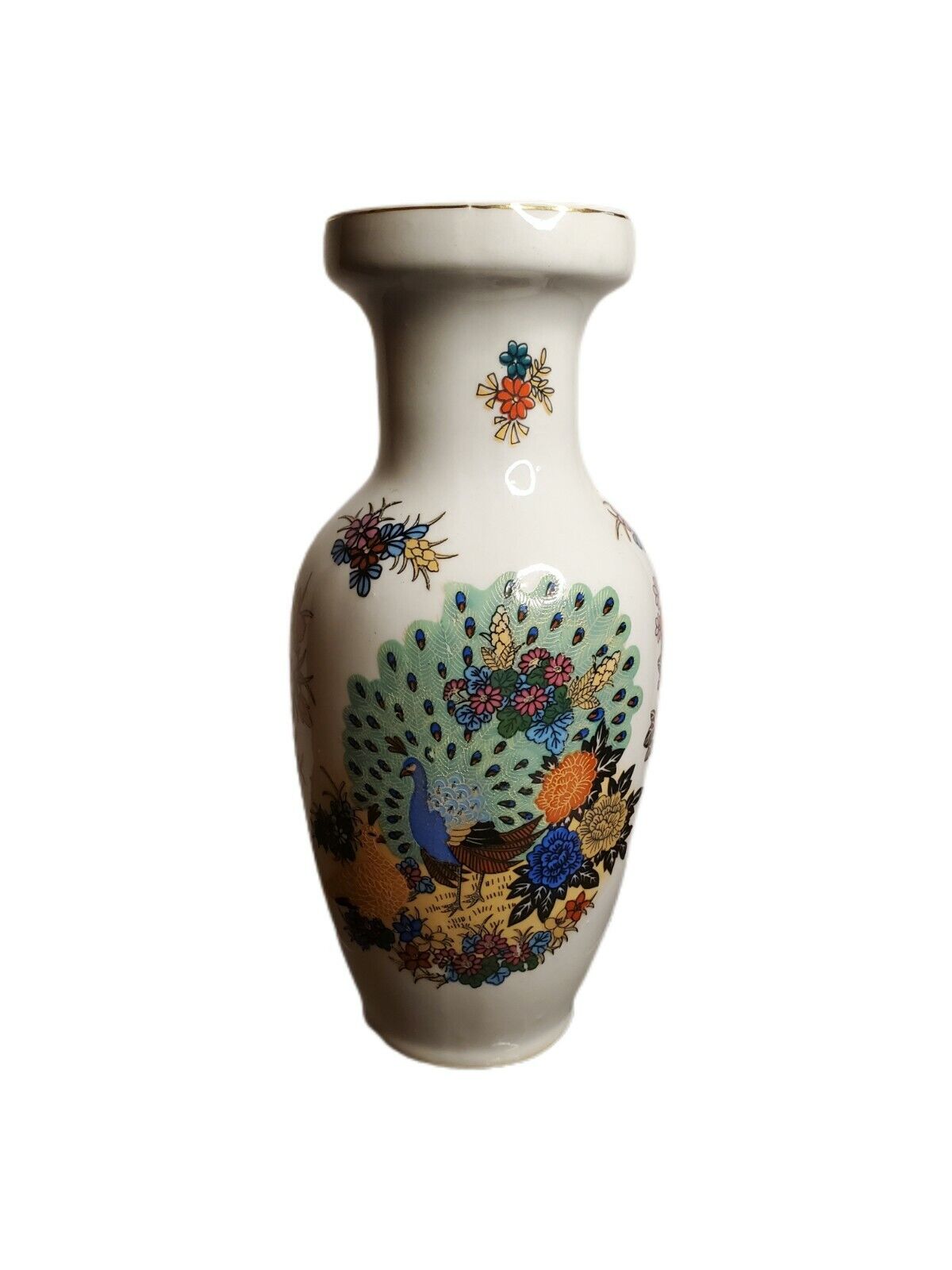 Vintage Oriental Peacock Vase Hand Painted Gold Gilt Trim