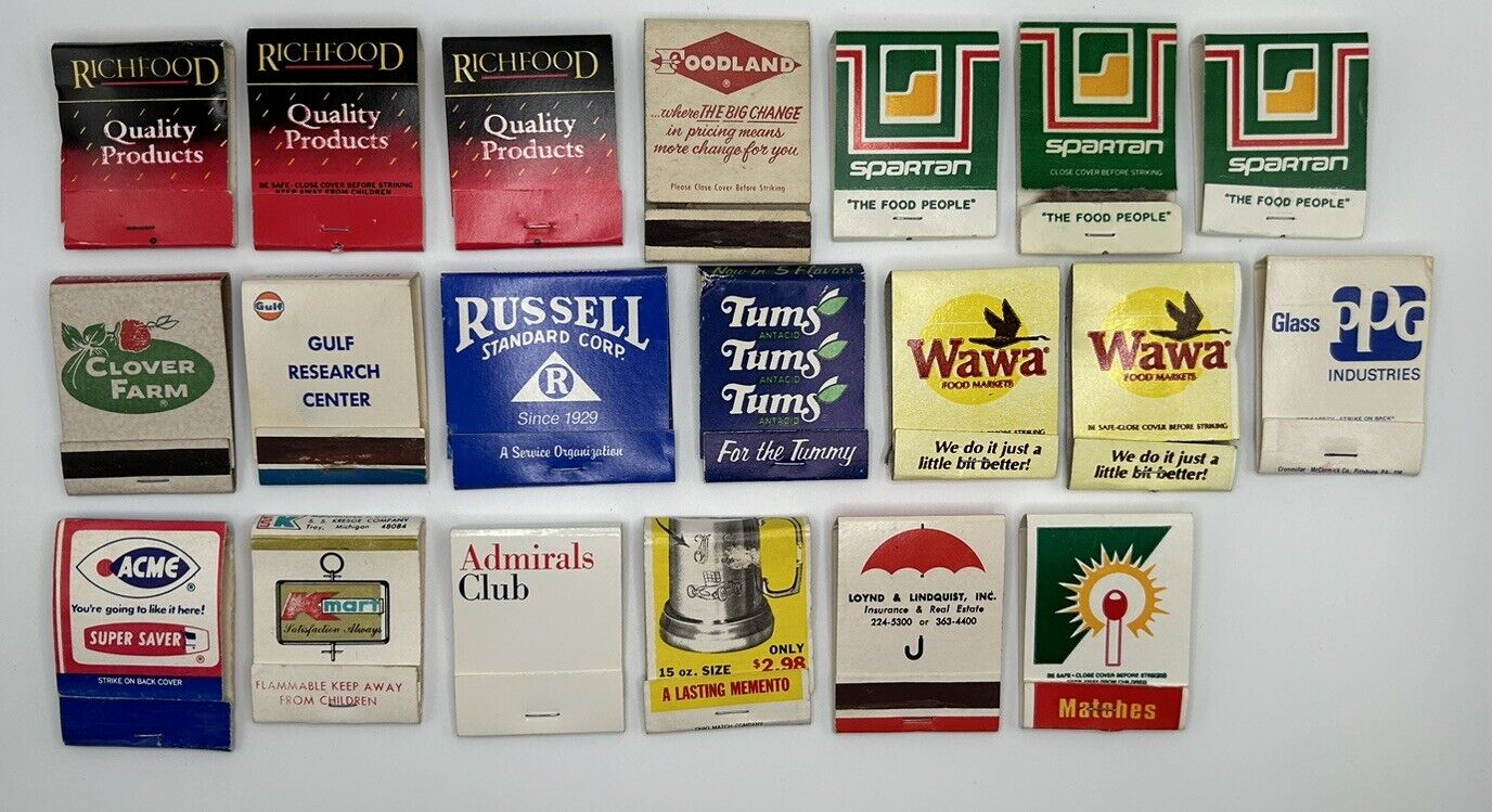 Vintage Matchbooks Lot Of 20 Random Assortment Advertisements Wawa Tums PPG