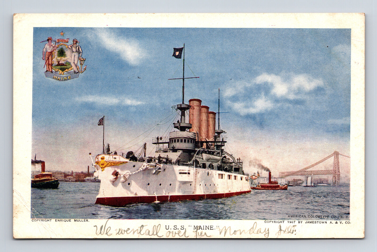 USS Maine BB-10 Battleship 1907 Jamestown Exposition Official Souvenir Postcard