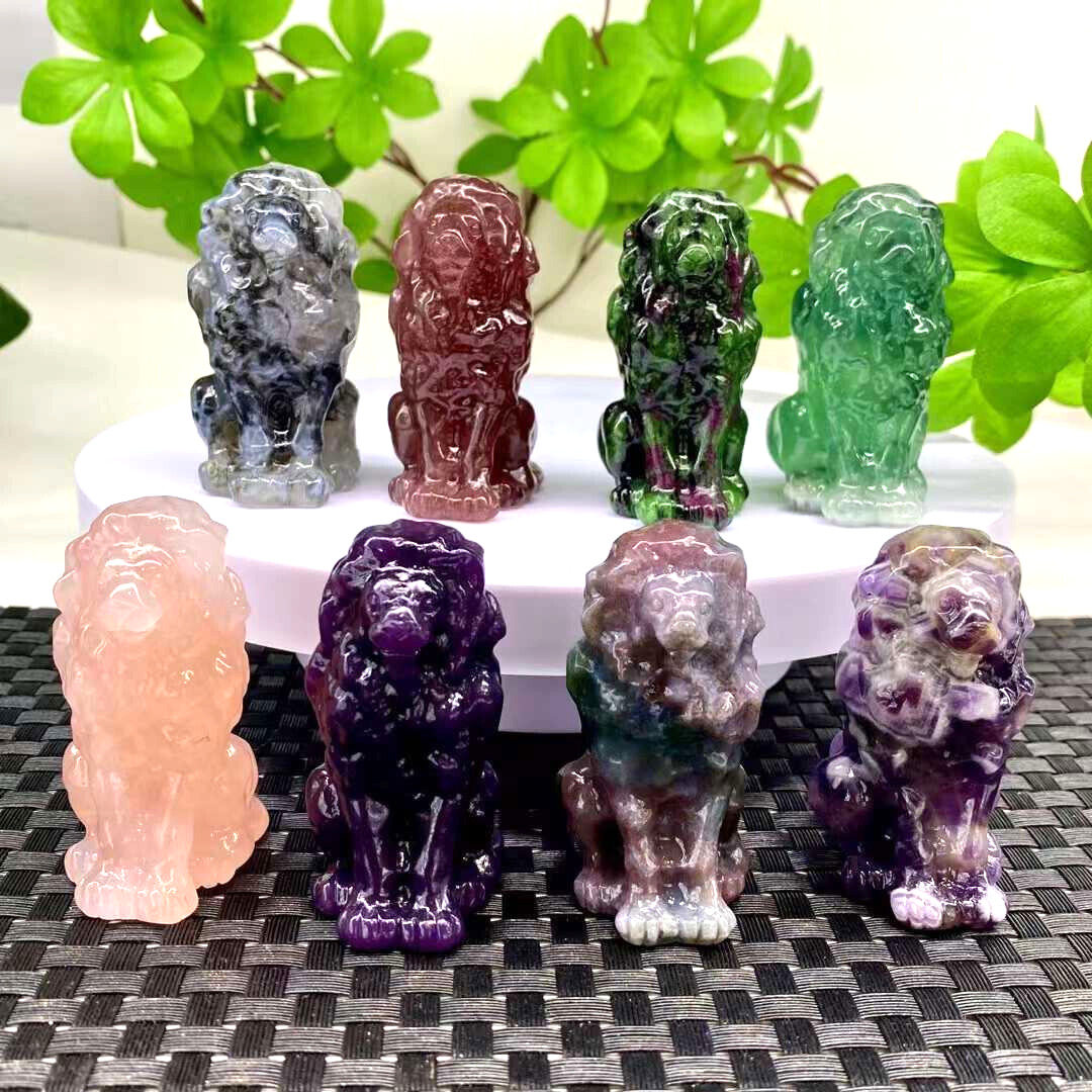 1pc Natural Mix Quartz Carved Polished Crystal Lion Skull Reiki Gem Gift Decor