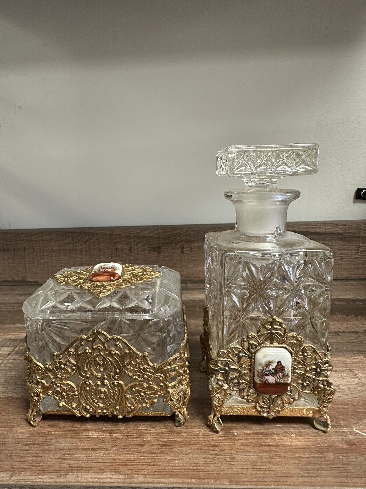 Vintage Fostoria Perfume Glass Bottle with Matching Trinket Box Set Used Ornate