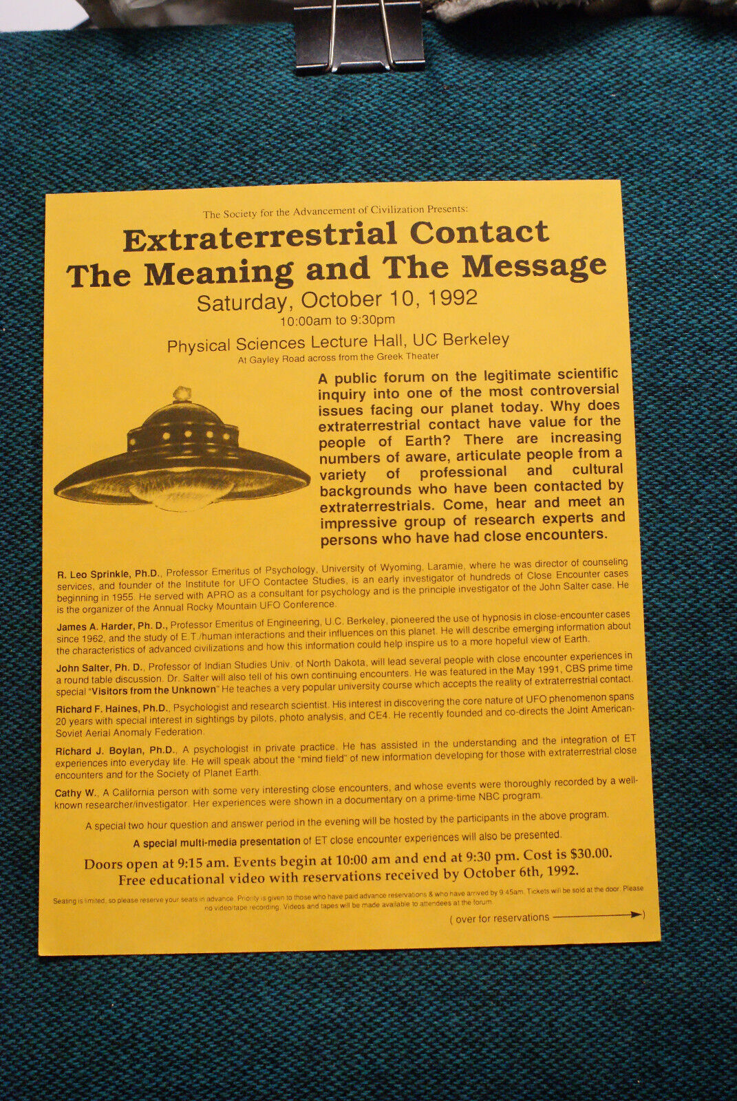 UFO - Extraterrestrial Contact - Meaning & Message - Oct 10, 1992 - Flyer