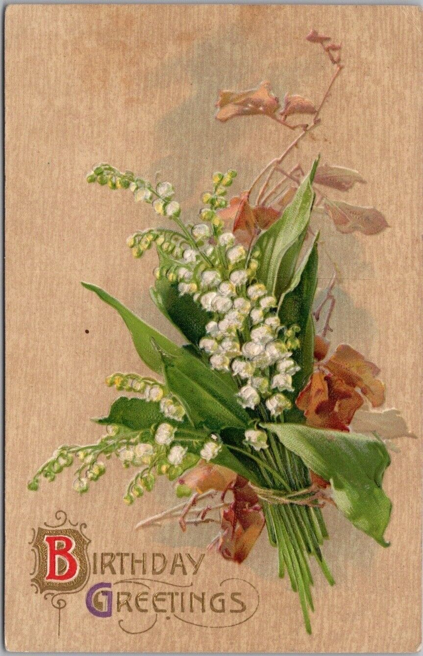 Vintage Winsch BIRTHDAY GREETINGS Embossed Postcard White Flowers 1909 Cancel