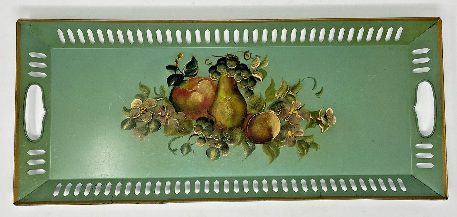 Vintage Toleware Tray Green Painted Fruit Long Rectangular 21.75 x 9.5