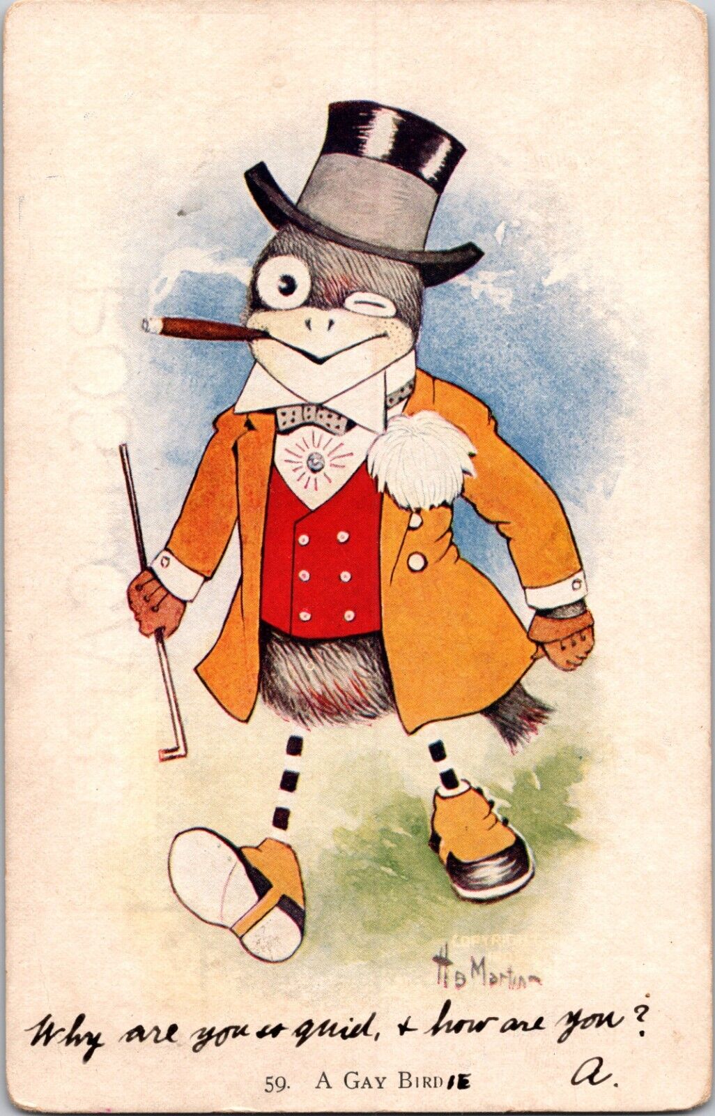 1906 Vintage Tuck's Postcard Anthropomorphic Bird Cane Cigar Top Hat Reading, PA