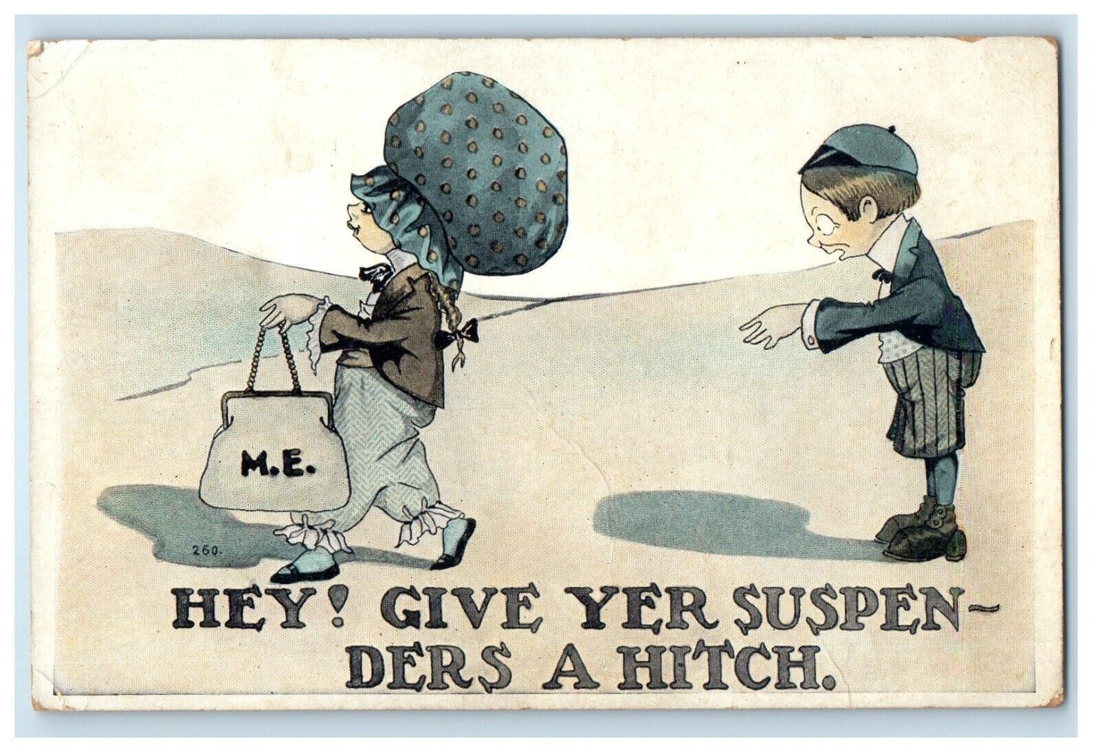 c1910's Boy And Girl Big Bonnet Purse Bag Pajamas Posted Antique Postcard