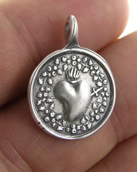 IMMACULATE HEART WITH ROSES Medal, silver, cast from antique French original