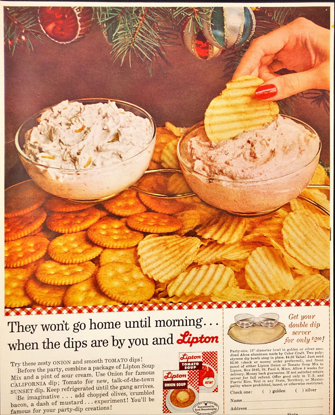 1962 Lipton Soup Christmas Vintage Print Ad Woman Dipping Potato Chip