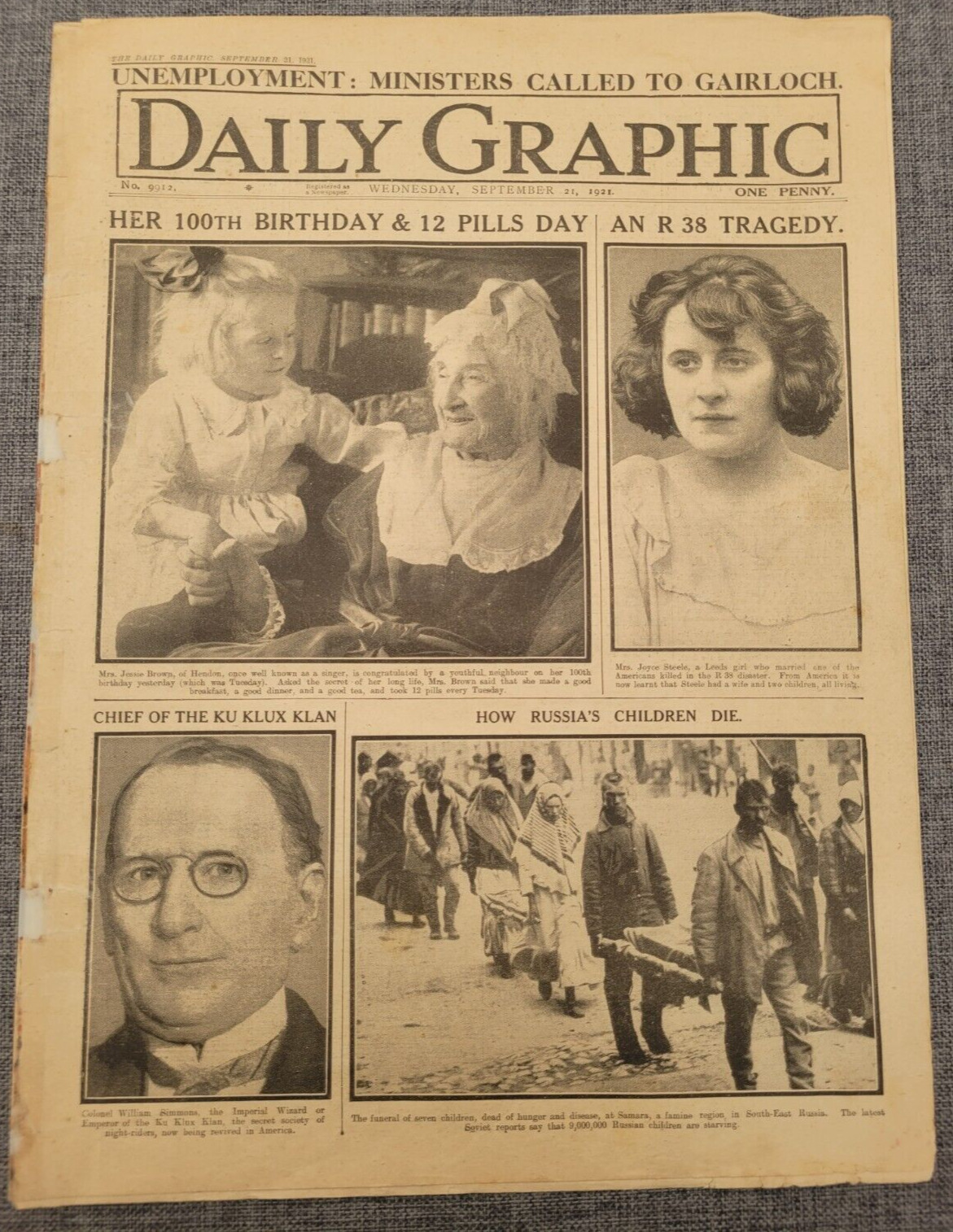 DAILY GRAPHIC CHIEF OF KKK WILLIAM SIMMONS 21ST SEPT 1921 NEWSPAPER
