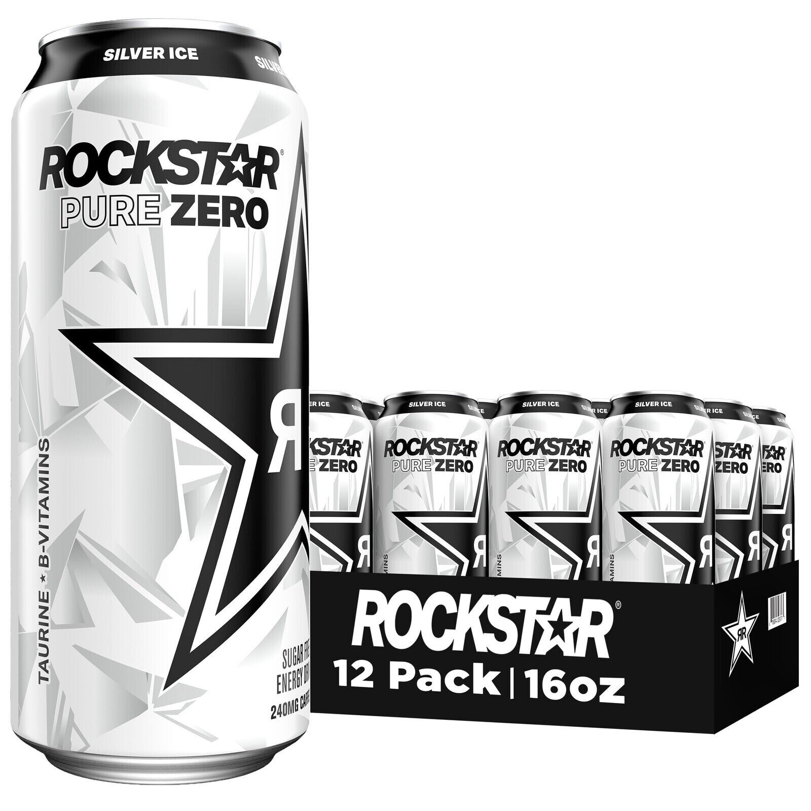 Rockstar Pure Zero Energy Drink Silver Ice 0 Sugar w/ Caffeine 16Oz Can 12 Pack