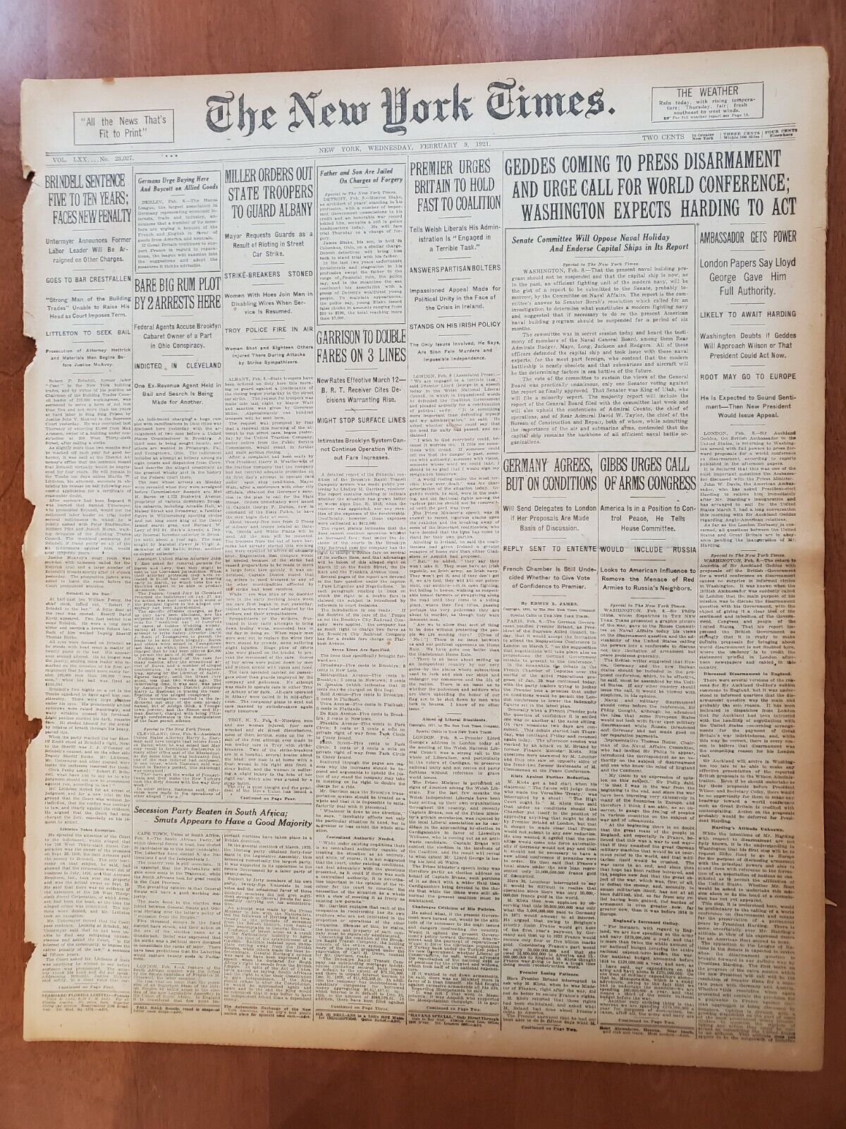 1921 FEBRUARY 9 NEW YORK TIMES - GEDDES COMING TO PRESS DISARMAMENT - NT 8118